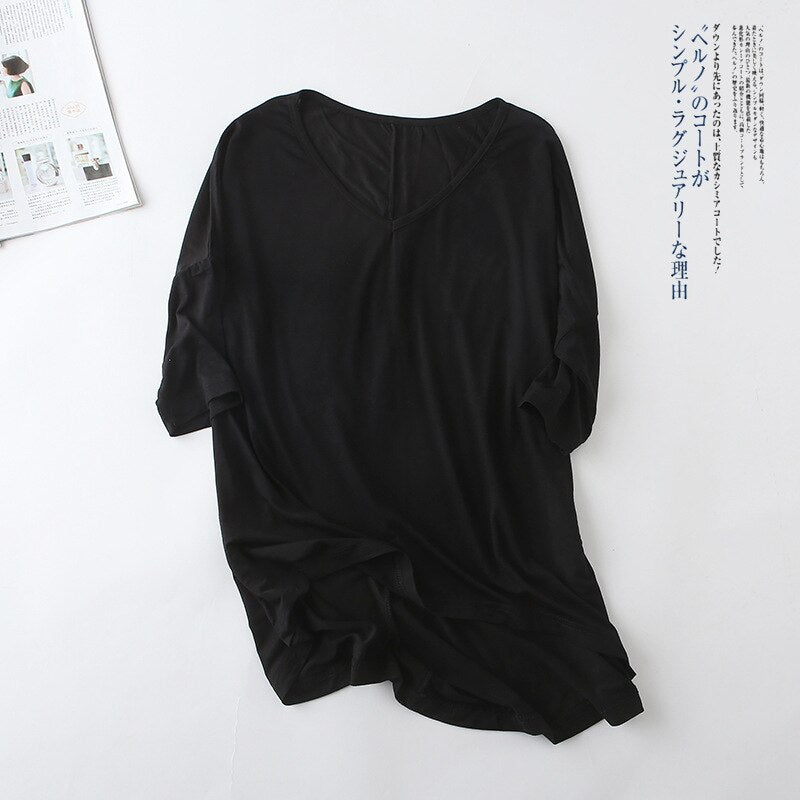 Women's Bat Sleeve T-shirt Korean Japan Style V-neck Solid Color Middle Sleeve Top Casual Summer Tee Large Size