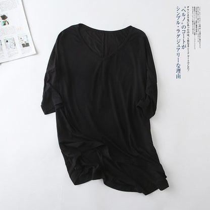 Women's Bat Sleeve T-shirt Korean Japan Style V-neck Solid Color Middle Sleeve Top Casual Summer Tee Large Size