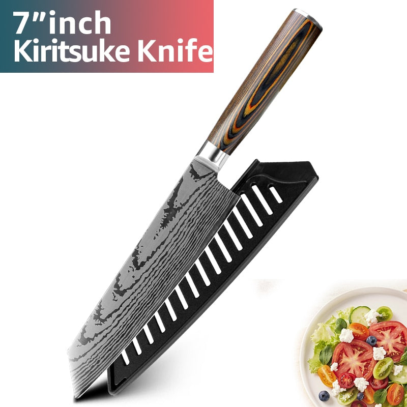 Kitchen knife Japanese Chef Knives 7CR17 440C Stainless Steel Imitation Damascus Knife Meat Cleaver Slicer Santoku Cutter Set