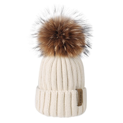 Furtalk Real Fur pompom Beanie Hat Women Winter Knitted Hat Warm Real Big Raccoon Pom Pom Hat for Female
