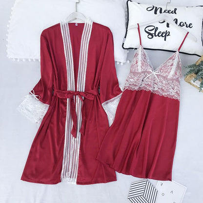 Satin Lace 5PCS Sleep Set Sexy Kimono Bathrobe Gown Female Robe Silky Nightwear Intimate Lingerie Casual Nightgown Sleepwear