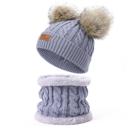 Two pieces Hat Scarf Set Beanie Cap Children's Hats Girls Caps Fake Ball Pompon Keep Warm Winter Knitted Skullies Kids Bone