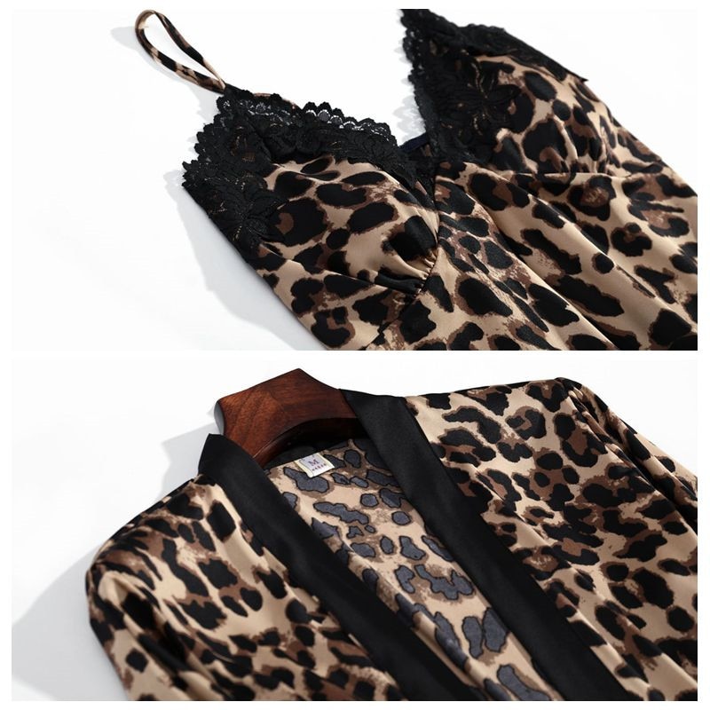 JULY'S SONG New Fashion 4 Piece Pajamas Set Leopard Print Woman Sleepwear Artificial Silk Sling Robe With Chest Pad Sleepwear