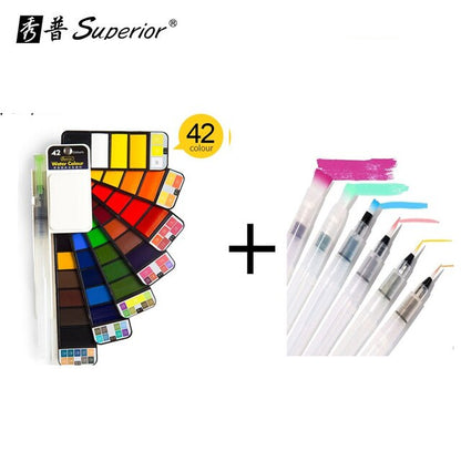 Superior Solid Watercolor Paint With 6Pcs Water Brush Pen Foldable Travel Water Color Pigment
