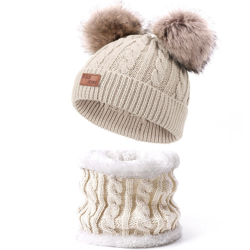 Two pieces Hat Scarf Set Beanie Cap Children's Hats Girls Caps Fake Ball Pompon Keep Warm Winter Knitted Skullies Kids Bone