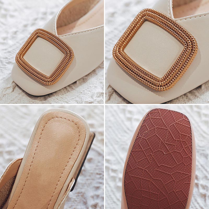 Women Summer Slip On PU Slippers Ladies Square Toe Cone Heels Slipper Woman Fashion Metal Decoration Casual Female Party Sandal