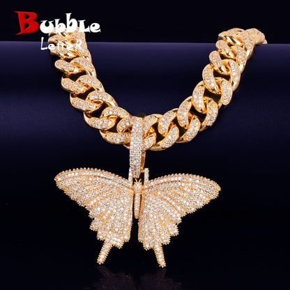 With 14MM Cuban Chain Gold Color Animal butterfly Pendant Necklace Bling AAA Zircon Men's Hip Hop Jewelry For Gift
