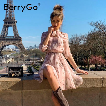 BerryGo Vintage floral print boho dress women Casual long sleeve spring party dress High waist work wear office ladies dress