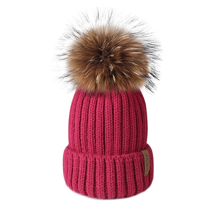 Furtalk Real Fur pompom Beanie Hat Women Winter Knitted Hat Warm Real Big Raccoon Pom Pom Hat for Female