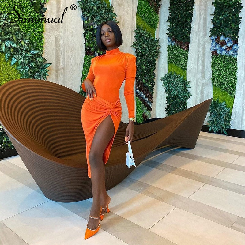 Simenual Wrap Side Split Bodycon Midi Dresses Long Sleeve for Women Fall 2020 Clothing Solid Night Partywear Skinny Dress Autumn