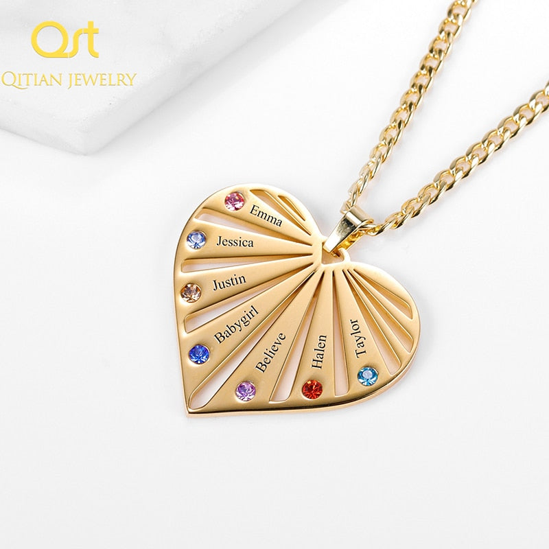 Personalized Love Heart Pendant Necklace Custom Birthstone Necklaces engrave any name Name Charm Jewelry Gift for Mother's Day