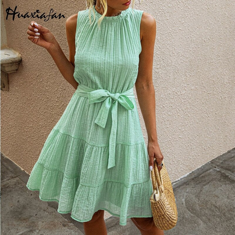 Huaxiafan women dresses dress white solid dresses Elegant sleeveless bow belt ruffle neck summer holiday mini dress Vestidos