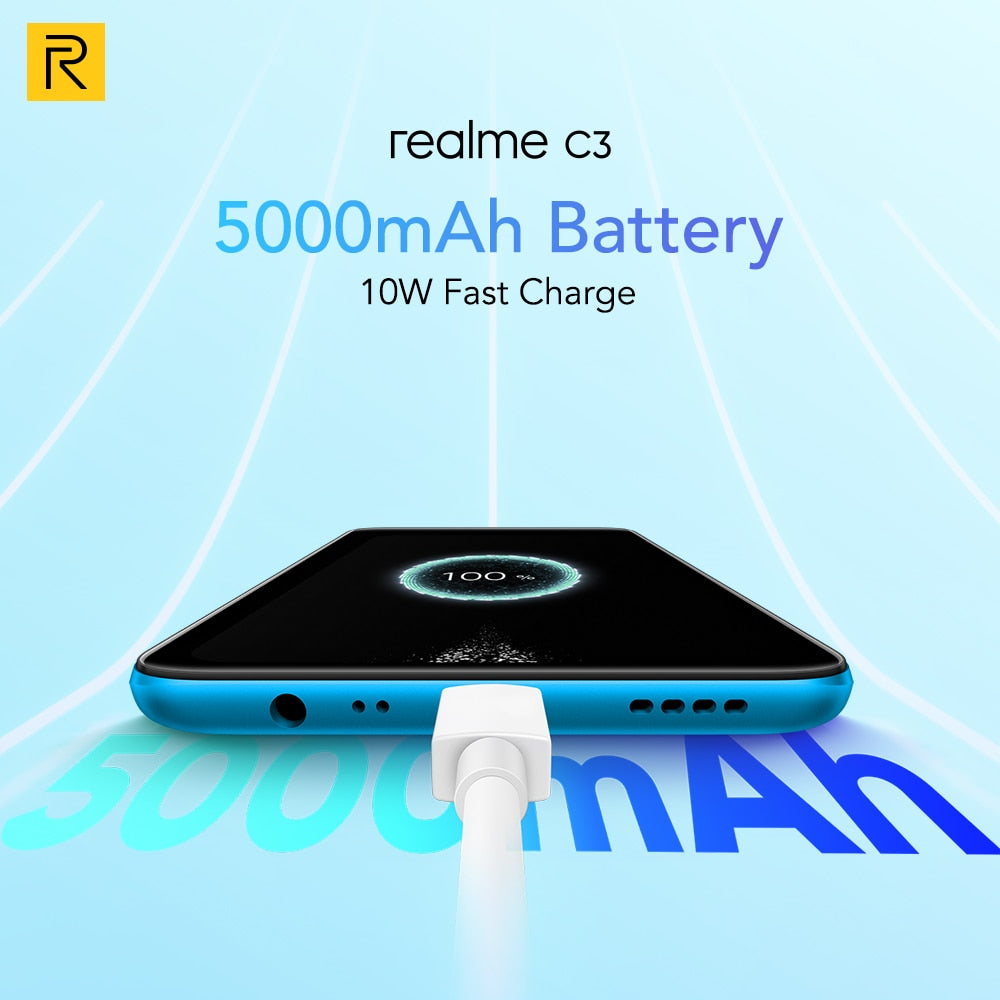 realme C3 Unlockphone 3GB RAM 64GB ROM Mobile Phone Helio G70 12MP Camera 6.5" Mini-drop Fullscreen 5000mAh NFC Smartphones