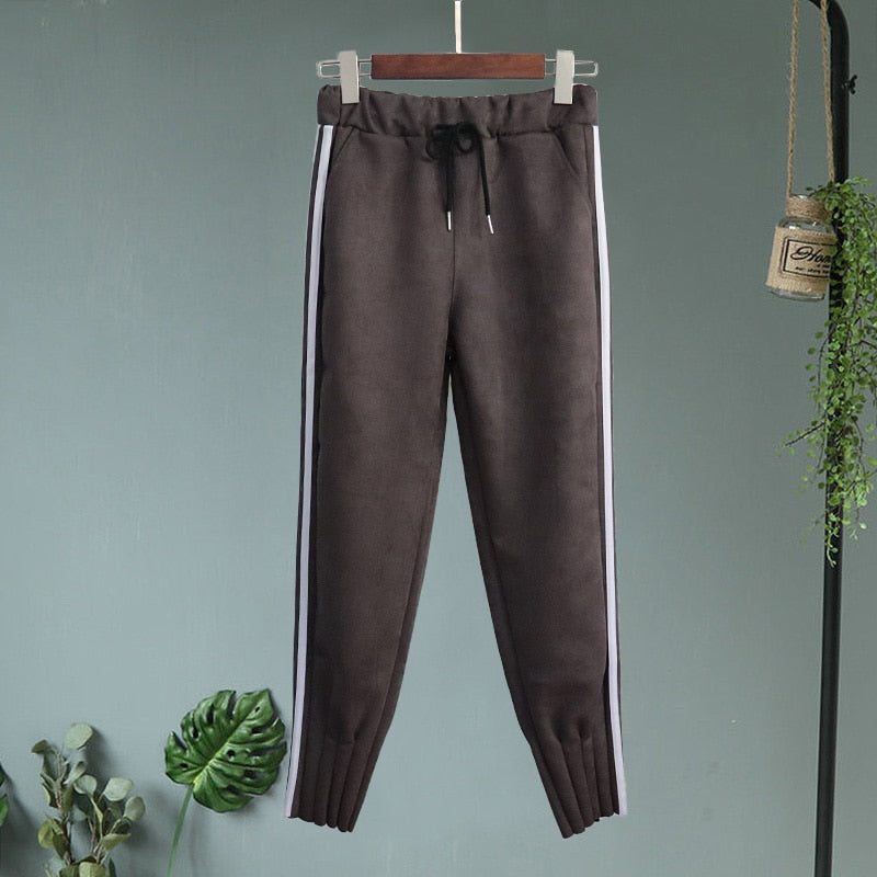 Casual Autumn Winter Women Pants Korean Elastic High Waist Pockets Suede Harem Pants Plus Size Trousers Women femme pantalon