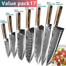 將圖片載入圖庫檢視器 Kitchen knife Japanese Chef Knives 7CR17 440C Stainless Steel Imitation Damascus Knife Meat Cleaver Slicer Santoku Cutter Set
