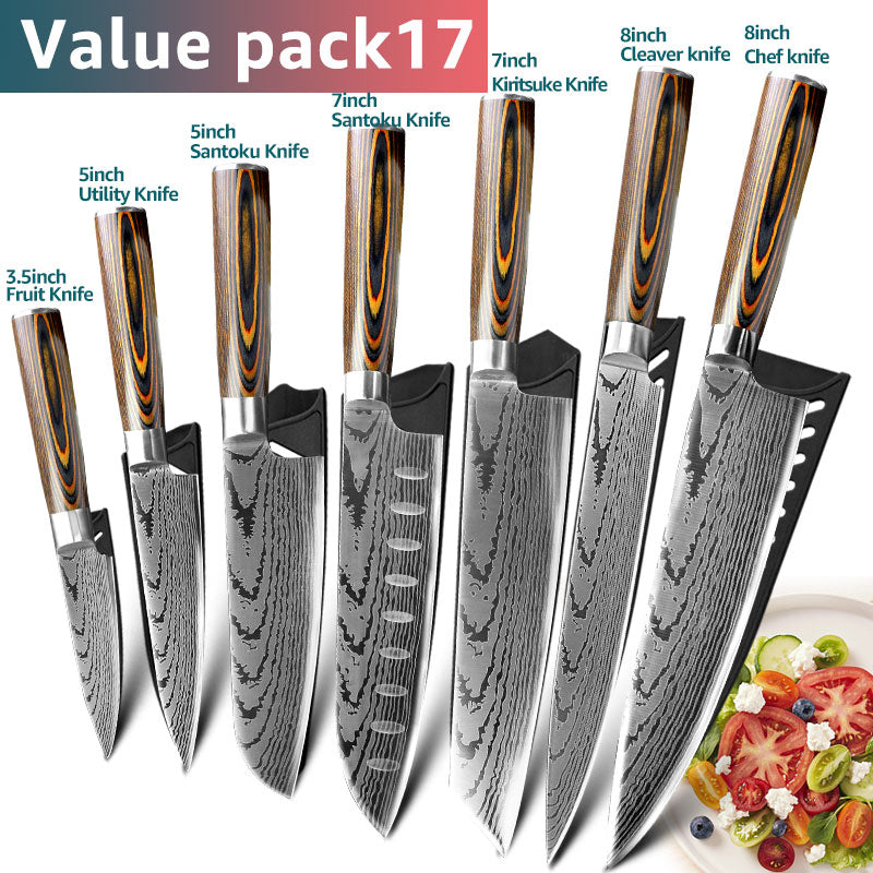 Kitchen knife Japanese Chef Knives 7CR17 440C Stainless Steel Imitation Damascus Knife Meat Cleaver Slicer Santoku Cutter Set