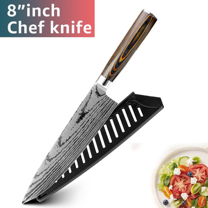 Kitchen knife Japanese Chef Knives 7CR17 440C Stainless Steel Imitation Damascus Knife Meat Cleaver Slicer Santoku Cutter Set