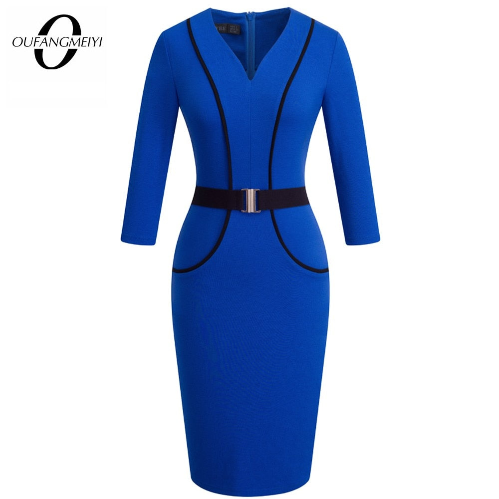 Women Elegant Patchwork Belted Work Bodycon V Neck Contrast Fashion Office Lady Dress EB414