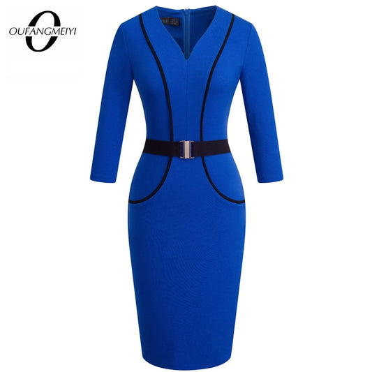 Women Elegant Patchwork Belted Work Bodycon V Neck Contrast Fashion Office Lady Dress EB414