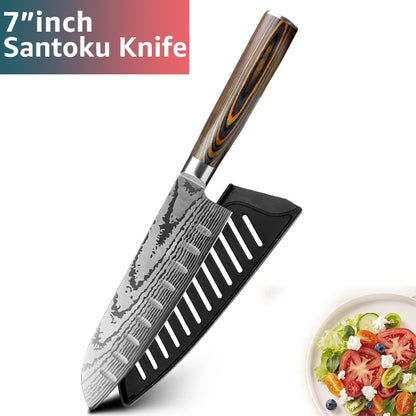 Kitchen knife Japanese Chef Knives 7CR17 440C Stainless Steel Imitation Damascus Knife Meat Cleaver Slicer Santoku Cutter Set