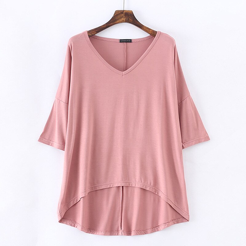 Women's Bat Sleeve T-shirt Korean Japan Style V-neck Solid Color Middle Sleeve Top Casual Summer Tee Large Size