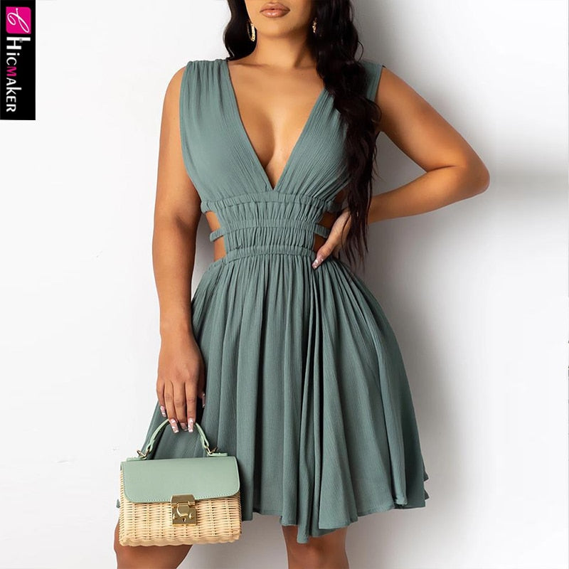 Women Sleeveless Plunge Cutout Ruched Casual Dress