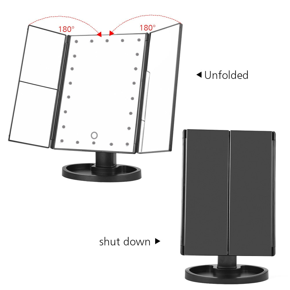 Makeup Mirror LED Touch Screen 22 Light Table Desktop Makeup 1X/2X/3X/10X Magnifying Mirrors Vanity 3 Folding Adjustable Mirror