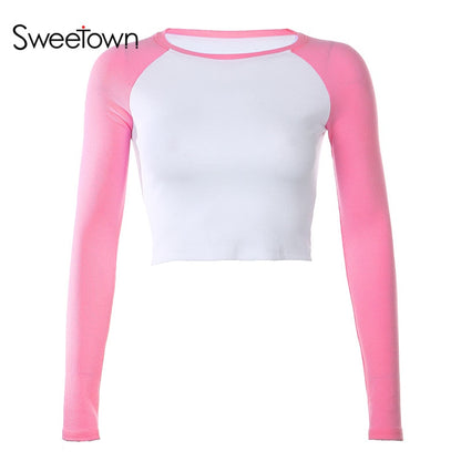 Sweetown 2020 Autumn Contrast Color Basic Crop Top Shirt Long Sleeve Streetwear Women Casual Slim Cute Kawaii T-Shirt Harajuku