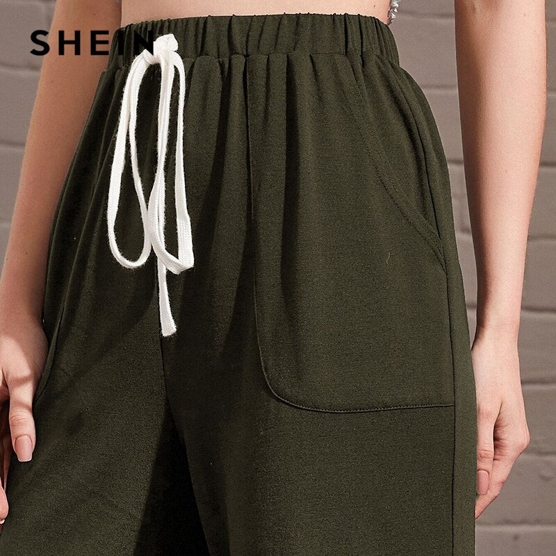 SHEIN Light Grey Knot Waist Slant Pocket Pants Women Summer Elastic Waist Ladies Casual Sporting Cropped Trousers Sweatpants