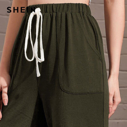 SHEIN Light Grey Knot Waist Slant Pocket Pants Women Summer Elastic Waist Ladies Casual Sporting Cropped Trousers Sweatpants