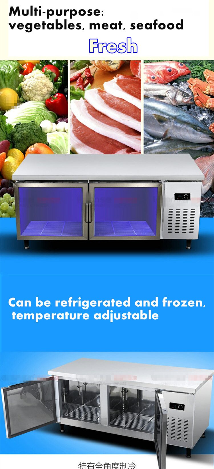 Double Temperature Kitchen Stainless Steel Under-Counter Refrigerator Blu-ray Glass Doors Commercial Refrigerator Freezer