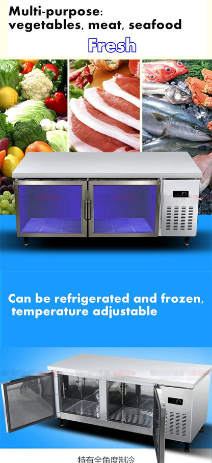 Double Temperature Kitchen Stainless Steel Under-Counter Refrigerator Blu-ray Glass Doors Commercial Refrigerator Freezer