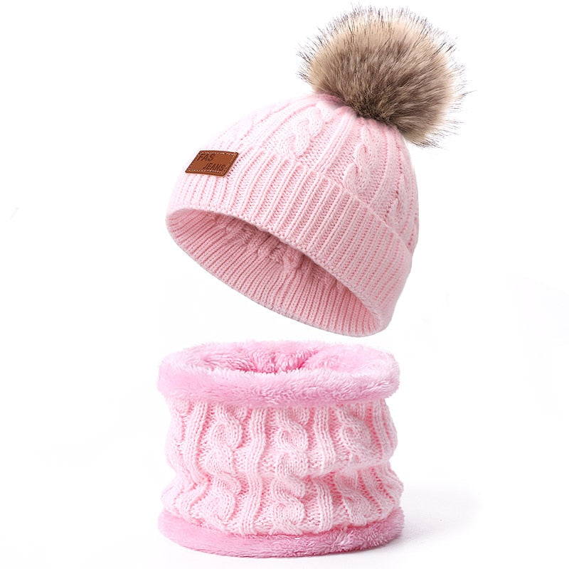 Two pieces Hat Scarf Set Beanie Cap Children's Hats Girls Caps Fake Ball Pompon Keep Warm Winter Knitted Skullies Kids Bone