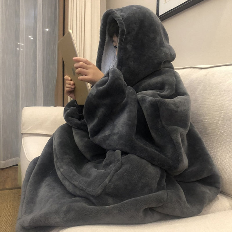 Winter Thick Comfy Fleece TV Blanket With Sleeves Hooded Weighted Adult Fleece Blanket Hoodie Pocket Soft Warm For Beds Hoodie