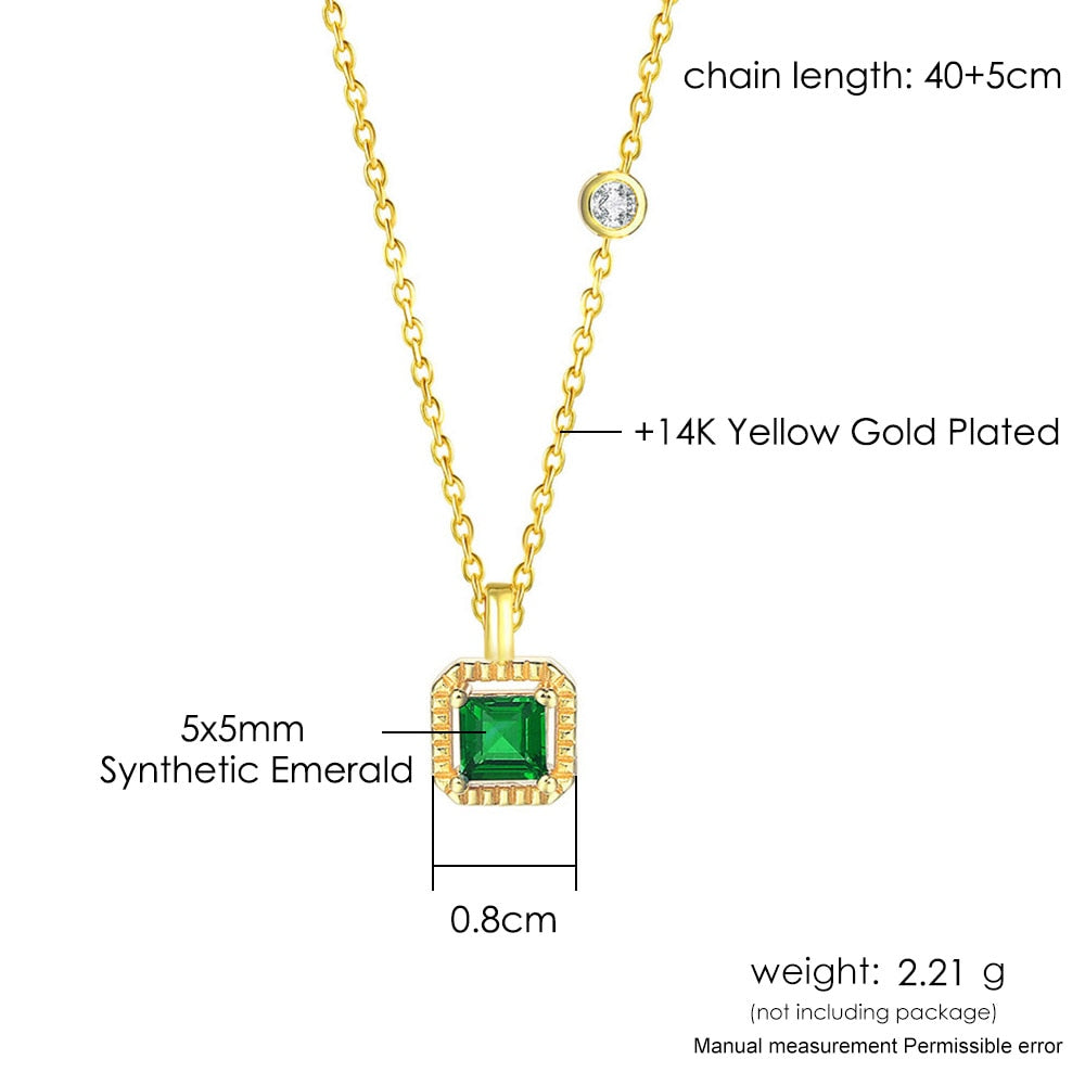 LAMOON 925 Sterling Silver Synthetic Emerald Necklace For Women Retro Princess Cut Stone 14K Gold Plated Fine Jewelry LMNI097