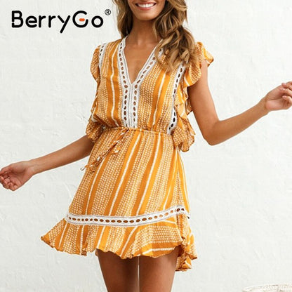 BerryGo Ruffle sleeveless boho dress women Floral print high waist summer dress 2020 Beach wear cotton a line mini dress casual