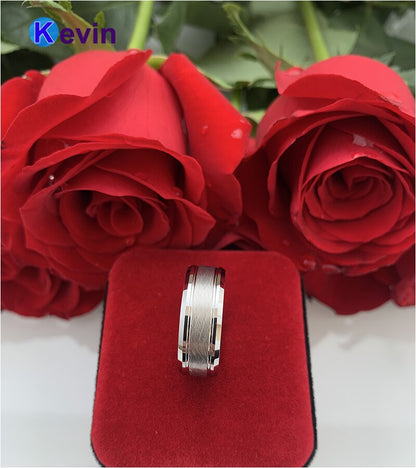Men Women Tungsten Wedding Band Ring With Bevel Brush Groove Finish 8MM Comfort Fit
