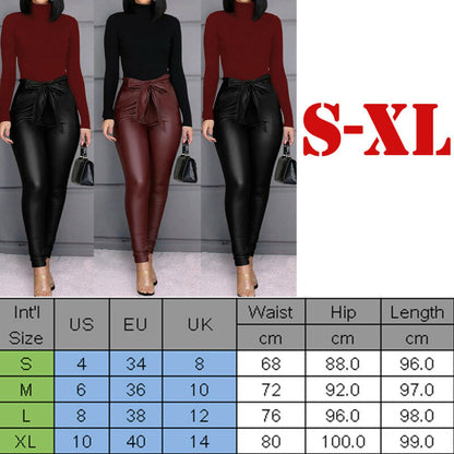 Hirigin Belt High Waist Pencil Pant Women Faux Leather PU Sashes Long Trousers Casual Sexy Exclusive Design Fashion Pants