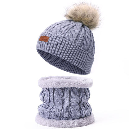 Two pieces Hat Scarf Set Beanie Cap Children's Hats Girls Caps Fake Ball Pompon Keep Warm Winter Knitted Skullies Kids Bone