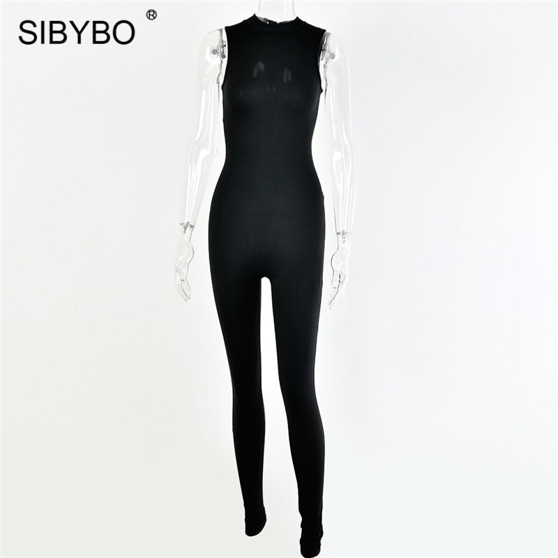 Sibybo Sleeveless Skinny Summer Rompers Womens Jumpsuit O-Neck Invisible Zipper Sexy Jumpsuit Women Solid Sport Casual Overalls