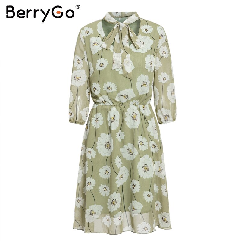 BerryGo Vintage floral print boho dress women Casual long sleeve spring party dress High waist work wear office ladies dress