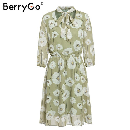 BerryGo Vintage floral print boho dress women Casual long sleeve spring party dress High waist work wear office ladies dress