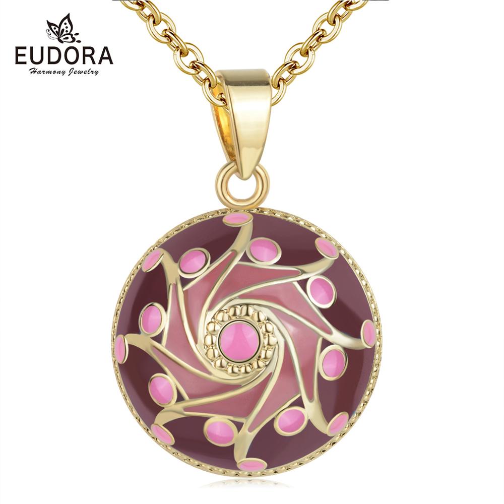 EUDORA Original Enamel Craft Pink Harmony Ball Musical Pendant Universe Planet Necklace For Mom Baby Pregnancy Jewelry Gift Idea