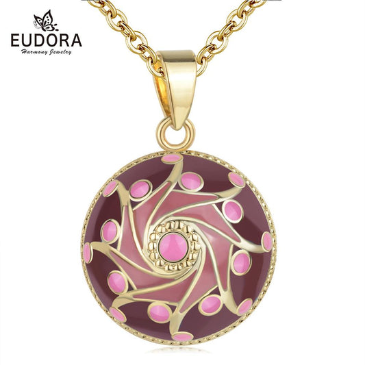 EUDORA Original Enamel Craft Pink Harmony Ball Musical Pendant Universe Planet Necklace For Mom Baby Pregnancy Jewelry Gift Idea