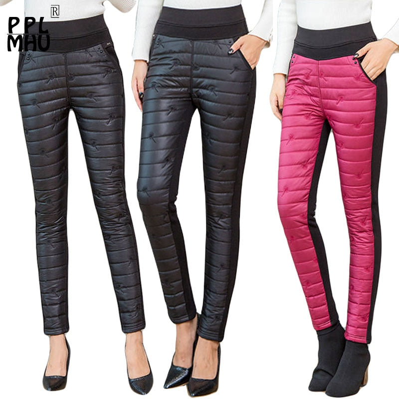 Winter Embroidery trousers women Fashion down Cotton Warm velvet Pants Mom Snow wear Thick straight pants Large Size sweatpants