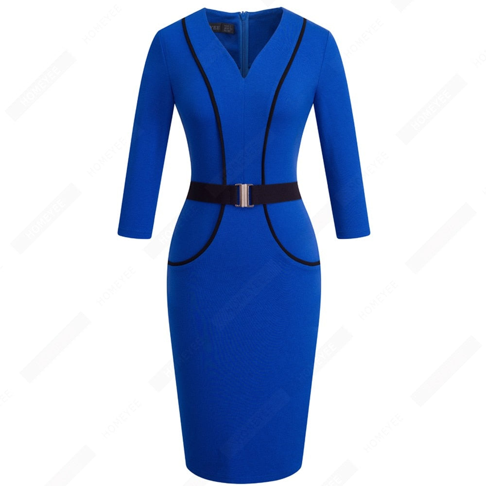 Women Elegant Patchwork Belted Work Bodycon V Neck Contrast Fashion Office Lady Dress EB414