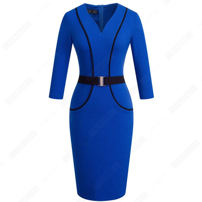 Women Elegant Patchwork Belted Work Bodycon V Neck Contrast Fashion Office Lady Dress EB414