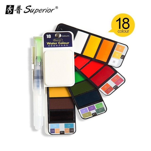 Superior Solid Watercolor Paint With 6Pcs Water Brush Pen Foldable Travel Water Color Pigment