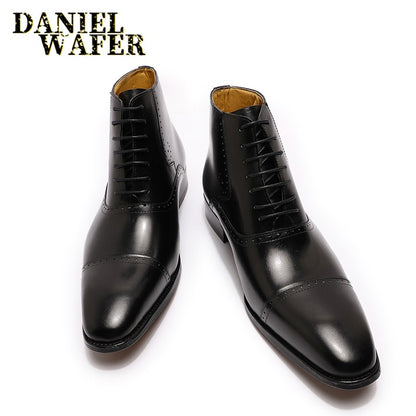 FASHION MENS ANKLE BOOTS FORMAL MEN DRESS GENUINE LEATHER SHOES WESTERN BOOTS BLACK BROWN CAP TOE LACE UP CASUAL BASIC BOOTS MEN