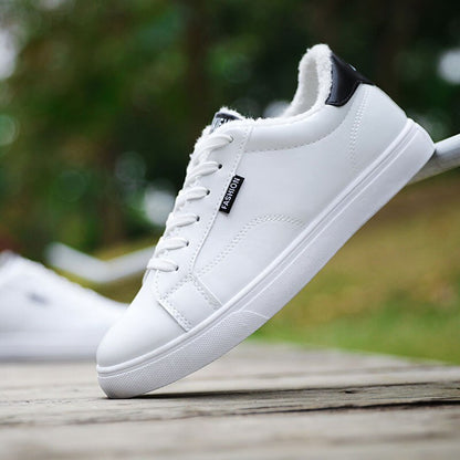 Men's White Sneakers Plus Velvet Warm Winter Shoes For Men Shoes Casual Lace Up PU Leather Ankle Boots
